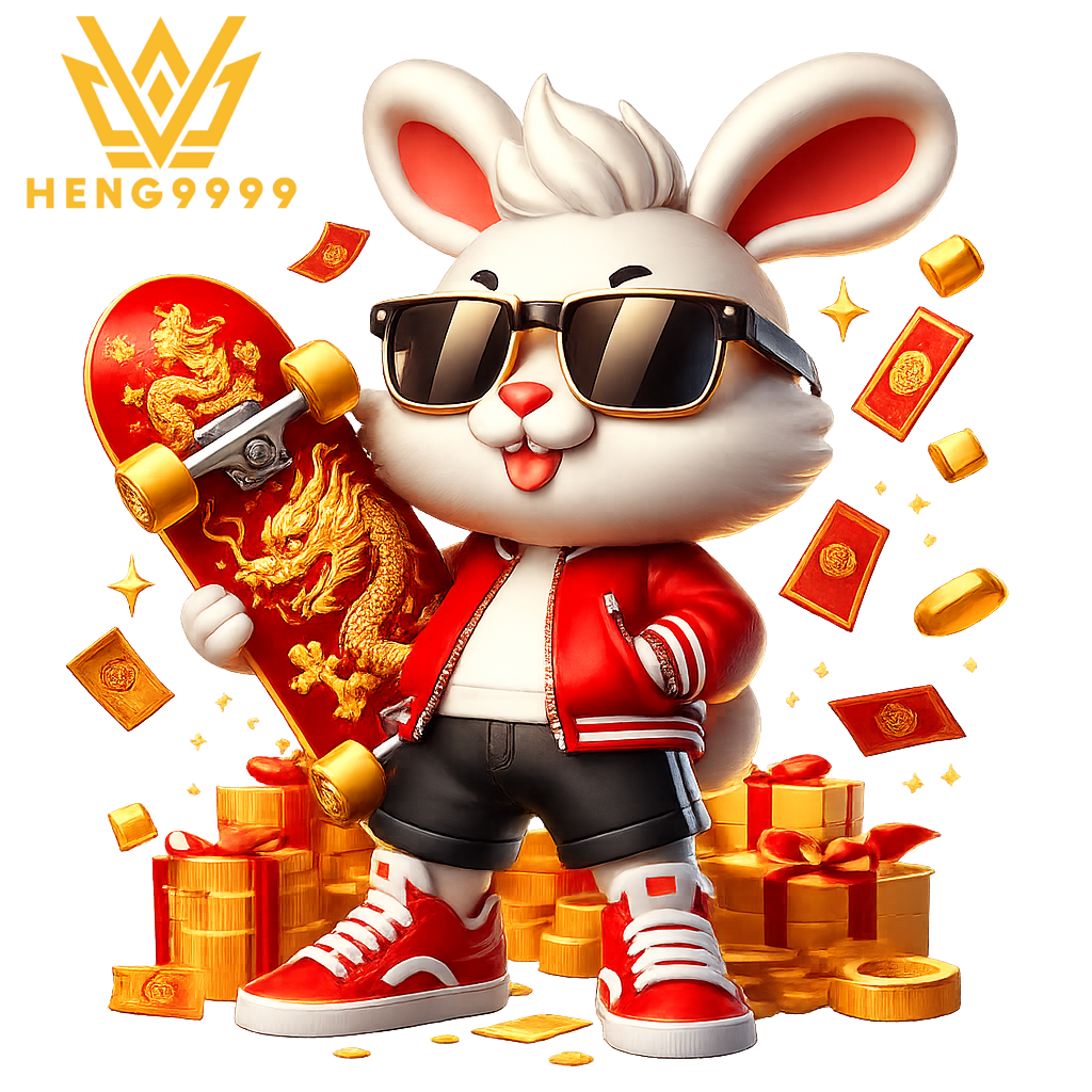มาสคอตความเฮงของ heng9999 สื่อถึงโชคลาภ โบนัสแรง และความสนุกแบบพรีเมียม มาสคอตกระต่ายถือสเก็ตบอร์ดสื่อโชคลาภ heng9999 เว็บตรงไม่ผ่านเอเย่นต์